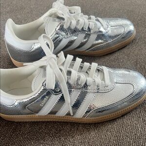 Adidas Women's Metallic Silver and White Sneakers